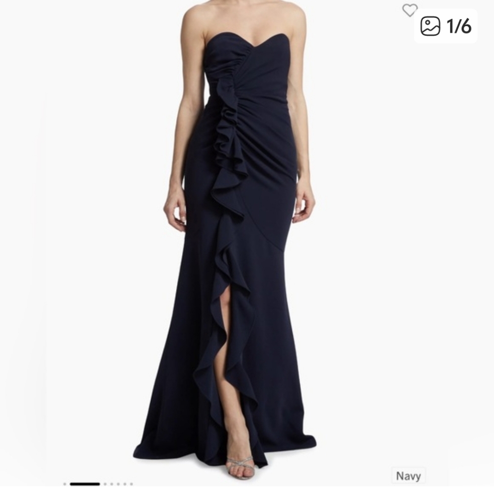 cinq a sept Navy Strapless Ruffle Gown
